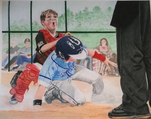 A runner sliding into home plate as the catcher reaches for the tag and the umpire looks on.