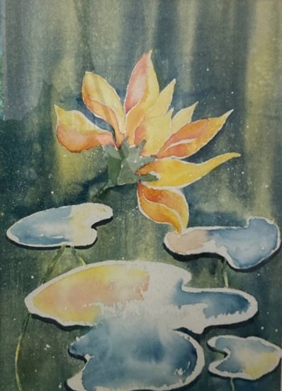 A yellow and orange water lily rising above blue and gold lily pads on dark green water.